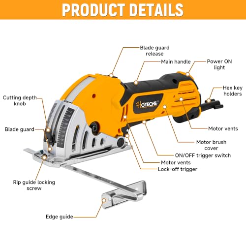Hoteche 3-3/8-Inch Mini Circular Saw, 500W Compact Electric Circular Saw with 2pcs Blades for Wood, Tile & Soft Metal, Includes Dust Tube, and Parallel Guide - size: 3-3/8-Inch 500W