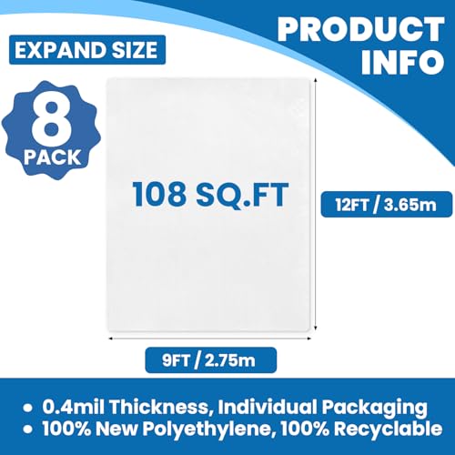 8 Pack Plastic Drop Cloth, 9 x 12 Feet Plastic Sheeting - color: 8p