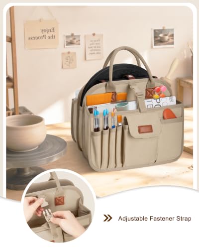 Pottery Tool Organizer Bag, Art Supply Studio Bag, Clay Tool Storage Caddy - color: Khaki