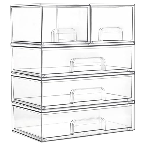 Vtopmart Clear Stackable Storage Drawers Set of 5, Plastic Organizer Bins - style: 2 Small+3 Wide