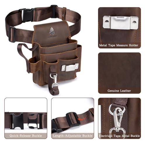 Genuine Leather Electrician Tool Pouch and Belt, Adjustable Leather Tool Belt with Multi-Pockets for Electricians, Brown - size: Large