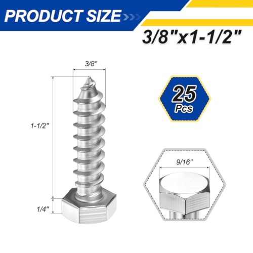 25 Pcs Hex Head Lag Screws 3/8" x1-1/2 SS 18-8 (304) Lag Bolts - color: Silver, size: 3/8"x1-1/2"
