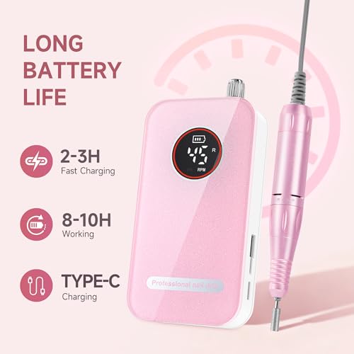 Professional Nail Drill, 45000RPM Rechargeable Cordless Electric File,Pink - color: Pink