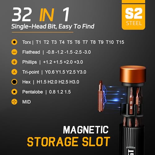 JOREST 32-In-1 Small Precision Screwdriver Set Magnetic, Eyeglass Repair Kit, Gadgets Gifts for Men, Multi Bit Mini Screwdriver with Torx Bits for Electronics, Glasses, PS5/4, Camera, Phone, Laptop - style: Black & Orange Contrast