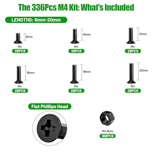 336 Pcs Black M4 Flat Head Machine Screws and Nuts Bolt Kit | High-Strength Carbon Steel Black Oxide, M4 x 6/10/12/16/18/20mm, Precision Fasteners for DIY & 3D Printing, Storage Box - size: 336Pcs M4*6/10/12/16/18/20mm-Flat