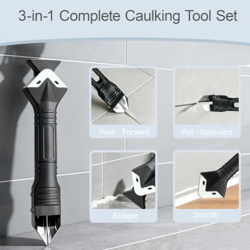 3 in 1 Caulking Tool – Silicone Caulk Remover with Scraper & Grout Removal, Sealant Finishing & Smoothing, Adhesive Residue Scraper, Caulk Finishing Kit for Home, Bathroom, Kitchen, Window, Sink - size: 3 in 1 Caulk Remover Kit