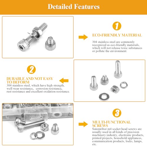 385 Pieces M4 Screws Nuts Washers Set, Sutemribor M4 x 5/6/8/10/12/16/20mm Hex Socket Head Cap Screws Nuts Washers Assortment Kit, 304 Stainless Steel, Fully Threaded - size: M4, style: Socket Head
