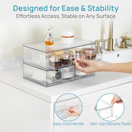 Vtopmart Clear Stackable Storage Drawers, 2 Pack Wide Plastic Organizers | Clear Pull-Out Plastic Drawers, Stackable Design for Makeup Palettes, Cosmetics, Beauty Supplies, Vanity, Cabinet and Desk - style: 2pack Wide