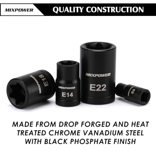 MIXPOWER 32PCS Torx Bit Socket Set, 14 Star Bits (T8-T70)& 13 E-Torx Sockets (E4-E24), CR-V & S2 Alloy Steel - size: T8-T70,E4-E24(32PCS)