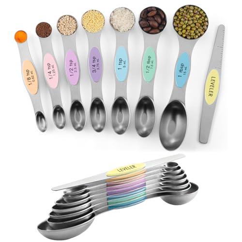 ChefAide Set of 8 Magnetic Measuring Spoons, Stainless Steel, Dual Sided - color: Multicolor-4, size: Magnetic Measuring Spoons