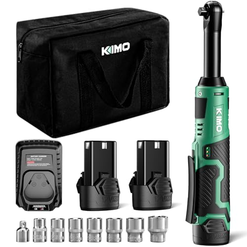 KIMO Extended Cordless Ratchet Wrench 3/8" Set, 400RPM 40Ft-Lbs 4-Inch Long Neck Electric Ratchet Wrench w/Variable Speed, 7 Sockets & 1/4" Adapter, 12V Power Ratchet Wrenches w/ 2x2.0 Ah Batteries - color: Midnight Green