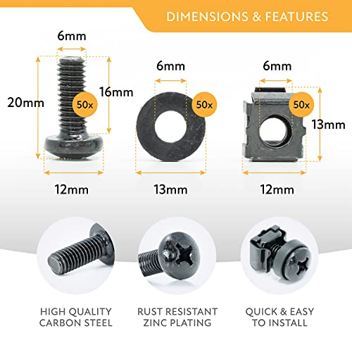 M6 Cage Nuts, Screws and Washers [Size: M6 x 16mm 50 Pack] Rack Mount Screws Hardware for use with Network and Server Rack Accessories, Routers, Cabinets and Enclosures. - size: M6 (50 Pack)