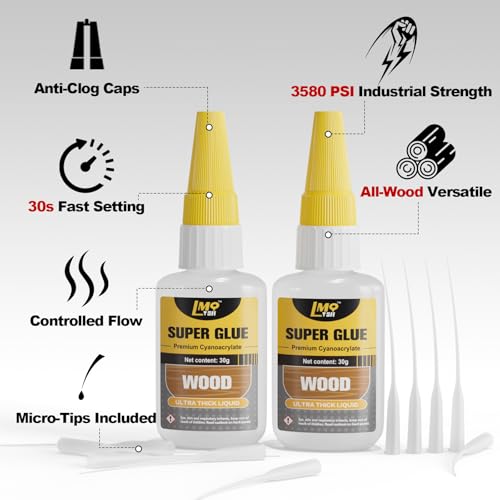 Wood Super Glue 60 Gram Clear Instant CA Glue for Woodworking Wooden Crafts Carpenters & Hobby Models, Heavy Duty Wood Furniture Repair for Chairs, Cabinets Strong All Purpose Cyanoacrylate Adhesive - size: 2oz-thick