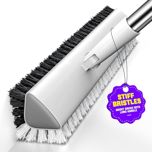 Grout Brush with Long Heavy Duty Handle, 180° Swivel Floor Scrub Brush, V-Shaped Grout Line Scrubber with Stiff Bristles, Cleaning Brush for Deep Cleaning Tile Grout, Shower, Kitchen, and Concrete
