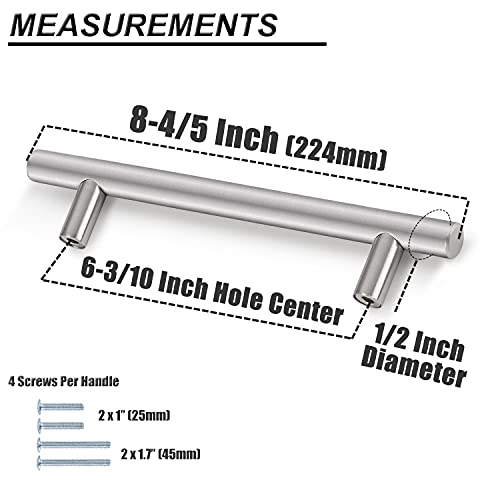 Probrico 5 Pack|Brushed Nickel T Bar Cabinet Pulls Stainless Steel Kitchen Cabinet Drawer Handles, 6-1/3 inch Hole Centers, Euro T Bar Pulls - color: Brushed Nickel, size: hole center 6-3/10"