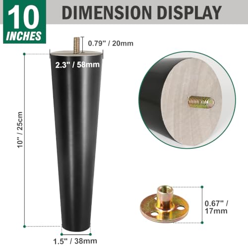 FoDau770 Rubber Wood Legs 10", Straight Taper, 5/16"-18 Thread, Black, 4pcs | Wood Couch legs - Mid Century Sofa Legs - Furniture legs Replacement for Cabinet Dresser Chair Ottoman - color: Black, size: 10 Inch - Straight (90°)