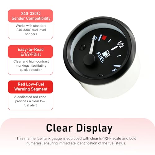 2" 52mm Fuel Level Gauge, 12V 240-33ohm Boat Fuel Gauge Gas Tank Meter with E-1/2-F Pointer Dash, Fuel Sensor with Nut and Bracket, Fit for Car RV Yacht Marine Motorcycle (Black)