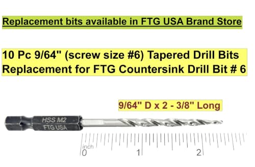 FTG USA 3-Pk #6 (9/64") Countersink Drill Bit Set, 1 Stop, 1 Wrench & Case - size: #6, style: 3 Pc with Depth Stop and Case
