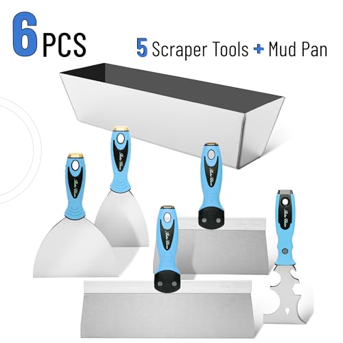 Bates- Drywall Hand Tool Kit, 6pcs, 3" 4" 6" 8" 12", Stainless Steel Drywall Tool with Metal Hammer End, Putty Knife Set, Taping Knives, 12.5" Mud Pan for Joint Taping, Finishing and Patching - color: Blue