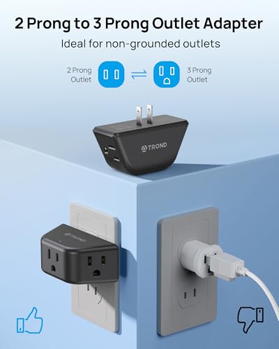 TROND 2 Prong to 3 Prong Outlet Adapter for Old House - color: Black, size: 3AC-2 Prong Plug, 1 Pack