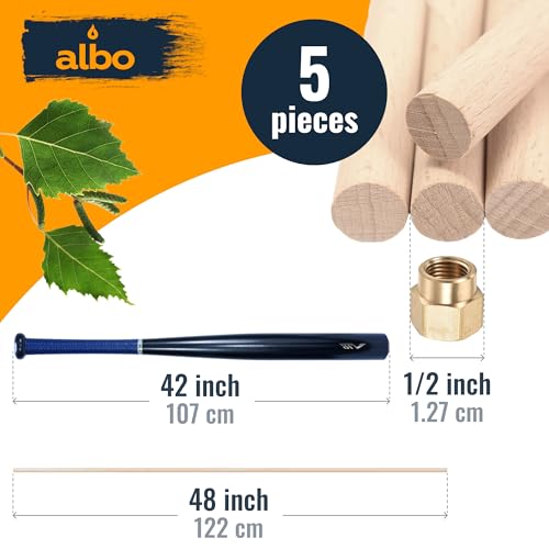 ALBO 1/2" x 48" Wooden Dowel Rods Set 5 Pack Birch Natural Extra Long Thin Craft Sticks Furniture Parts Hangers Hardwood Sanded Smooth Material Woodworking Crafts Bulk Professional - size: 1/2" x 48" 5 Pcs