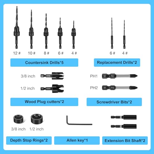 FACAINCXS Countersink Drill Bit Set for Wood, 16 PCS High Speed Steel Woodworking Tapered Drill Bits Counter Sink Drill Bit with 2PCS 1/4" Hex Shank Wood Plug Cutter Quick Change with Storage Box