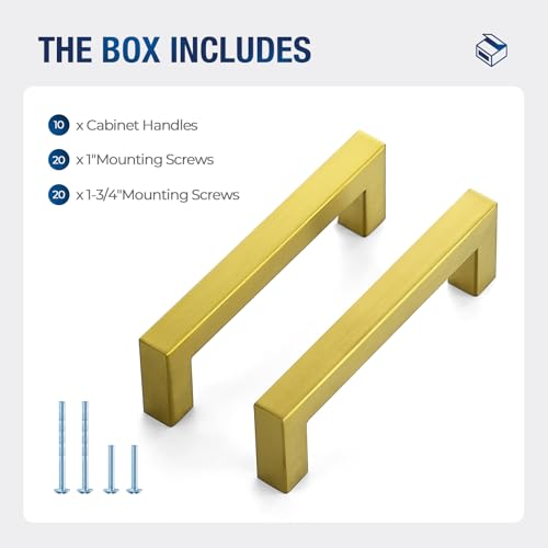 JOY DECOR Gold Cabinet Handles Square Cabinet Pulls, 4 Inch CC, 10 Pack - size: 4 Inch Hole Center
