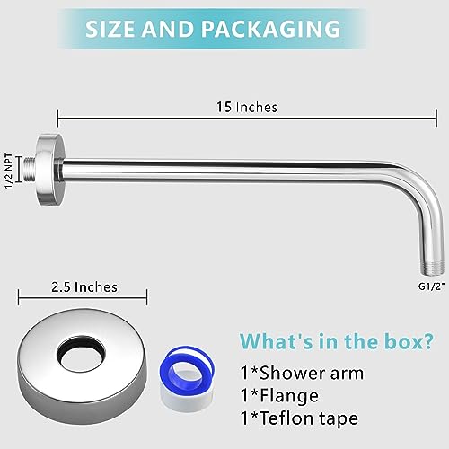 Shower Arm with Flange, 15 Inches Wall Mount Replacement Extension Showerhead Arm For Fixed Shower Head, Chrome - color: Chrome, style: 15 Inch