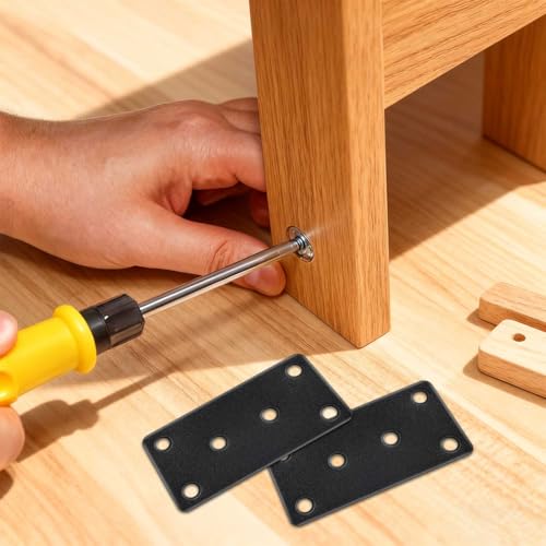 4 Pack Black Flat Mending Plates Steel Stainless Flat Bracket Mending Plate for Wood Furniture Fixing Metal Straight Brace Brackets with Screws Joining Brackets for Furniture Corner Repair (Black)