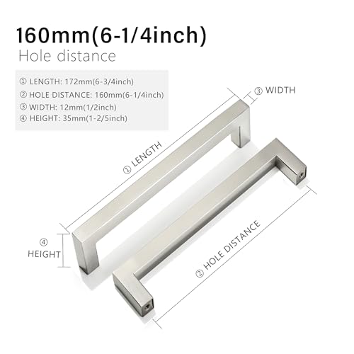 Cabinet Pulls Brushed Nickel Cabinet Handles Square Drawer Pulls, 5 Pack 6-1/4 Inch Stainless Steel Kitchen Door Cupboard Cabinet Handles, Cabinet Hardware Drawer Handles, 160mm Hole Centers - color: Brushed Nickel, size: Two Hole - 6-1/4 inch Hole Center