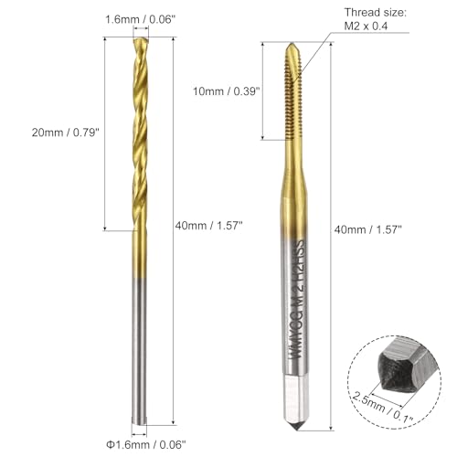 uxcell Metric Tap & Drill Bit Set, 2pcs M2 x 0.4 Spiral Point Thread Taps and 2pcs 1.6mm Twist Drill Bits, Titanium Coated HSS6542 Screw Tapping Threading Tools - size: M2 x 0.4 + 1.6mm