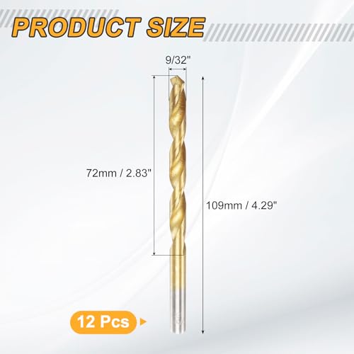 uxcell 12pcs Titanium Twist Drill Bit 9/32" Drilling Dia High Speed Steel Drills for Hardened Metal, Stainless Steel, Cast Iron, Wood, Plastic - size: 9/32 inch