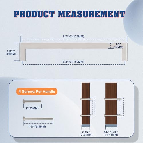 KNOBWELL 6 Pack 6-3/10" Cabinet Handles Brushed Nickel, Euro Style Stainless Steel T Bar Kitchen Cabinet Handles Dresser Drawer Pulls, 6-7/10" Overall Length - color: Brushed Nickel, size: Hole Center:6-3/10 inch(160mm)