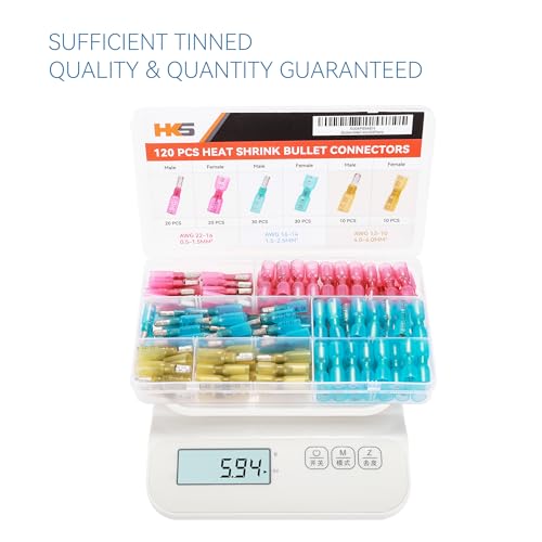 HKS 120PCS/60 Pairs Heat Shrink Bullet Connectors Kit – 22-10 AWG Male & Female Wire Terminals – Tinned Copper Crimp Connectors – Insulated Waterproof – for Automotive, Marine & Electrical Wiring - size: 10-22 AWG, style: Male&Female Bullet-120 pcs