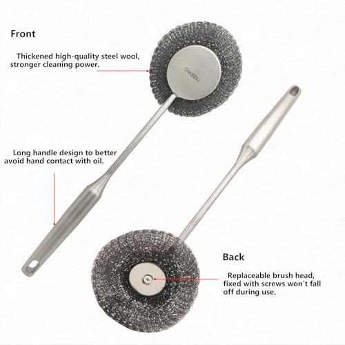 Stainless Steel Wool Scrubber Set, Long HandleBrushes for Pots, Pans, Grills & Cutlery Cleaning (3 Pack)