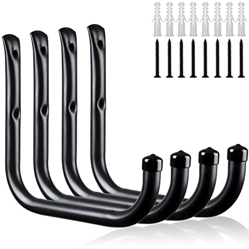 KURUI Wall Hooks for Garage Garden, 4 Pack Water Hose Holder, Large Garage Storage Hanger for Ladder Bike Extension Cord Tool, Wall Mount l Hooks, Black Heavy Duty 8 inch Long Hook - size: 8''-4pcs