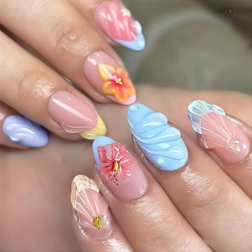 Summer 3D Press on Nails Almond - Medium French Tip Fake Nails with French Red Stripe Pearl Flower Shell Designs, Glossy Finish Reusable False Nails with Glue Tabs - 24Pcs Nail Kit for Women Manicure - color: 3d flower sea shell
