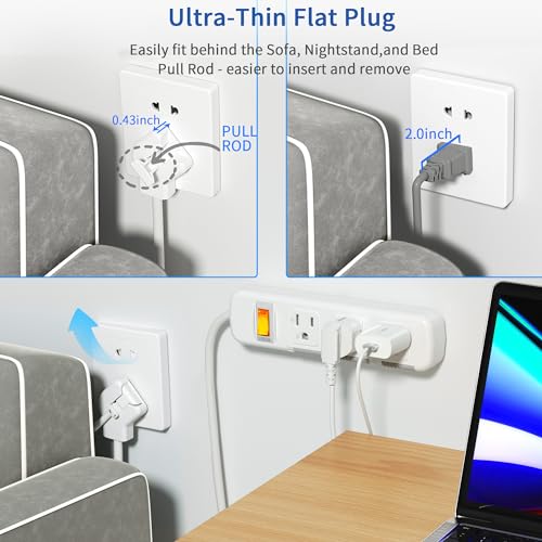 Flat Plug Power Strip Surge Protector 3 Outlets, Extension Cord 3 ft 3 Prong, 300J, 10A/1250W, Overload Protection Switch, Plug Strip for Home Office, Child Safety Slide Outlet Covers - style: 3ft/Ultra-thin Flat Plug