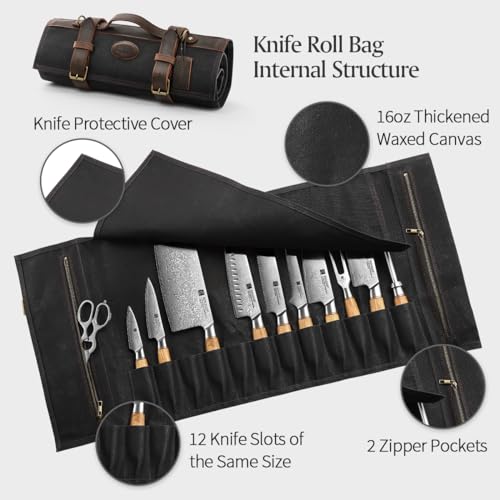 XINZUO Chef Knife Roll Bag Professional,16oz Waxed Canvas and Crazy Horse Leather,12 Slots Plus 2 Zipper Pockets,Adjustable Shoulder Strap-Travel Tool Roll Pouch(Bag Only) - color: Black