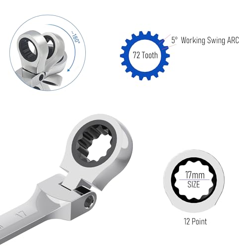 17mm Flex-Head Ratcheting Combination Wrench, 17mm Metric - size: 17mm