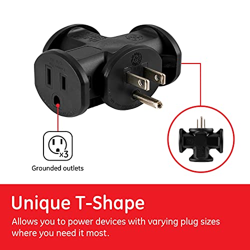 GE 3-Outlet Grounded T-Shaped Tap Adapter, Heavy Duty, Black, 50872 | Extension Cord Plug Adapter, 3 Prong, Grounded, Waterproof, Heavy Duty, T-Shaped Power Tap Adapter, Black, 50872 - color: Black