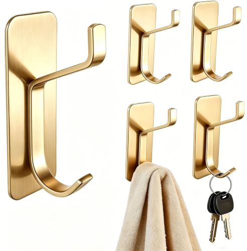 5 Pack Self Adhesive Wall Hooks Key Hook Stainless Steel Towel Hook -Gold - color: Gold