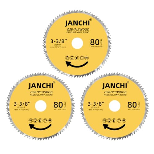 3Pack 3-3/8 Inch 80T Circular Saw Blade 19/32 Inch (15mm) Arbor, Plywood, OSB, Paneling and Vinyl Siding Fast and Smooth Cutting Saw Blade - size: 3-3/8" 80T