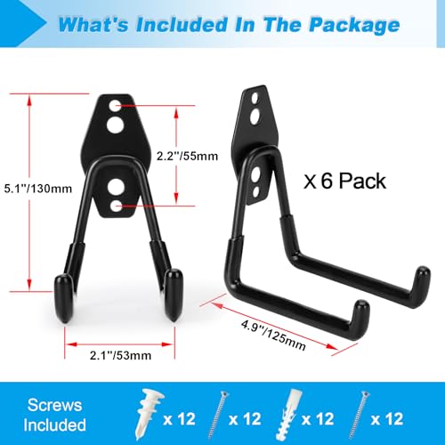 6 Pack Garage Hooks Heavy Duty, 4.9 inch Utility Steel Garage Hanger
