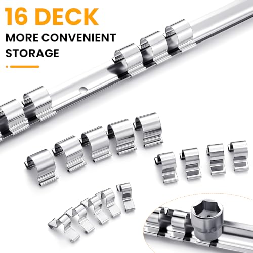Tandefio 15 Pcs Metal Socket Rails Set Socket Organizer Holder 16 Clip on Rail Tool Organizer Storage, 1/4-inch, 3/8-inch, 1/2-inch