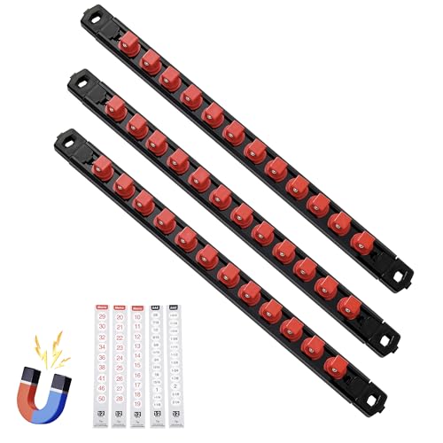 Reniteco Magnetic Socket Organizer, 3-Piece 1/2-Inch Drive ABS Sockets Rail, Heavy Duty Sockets Holder, Socket Rack Kit 1/2-Inch x 42 Clips - color: Red, size: 3 Pcs 1/2" DR