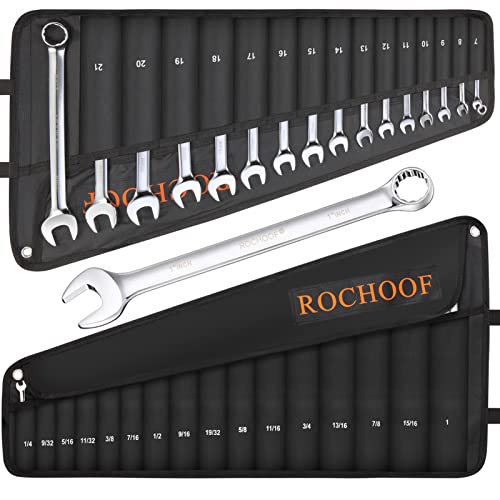 Combination Wrench Set,32-Piece Chrome Vanadium Steel Wrench Set 12-Point SAE & Metric Wrenches 1/4"-1" and 7-22mm with Rolling Pouch - size: (Pack of 1)