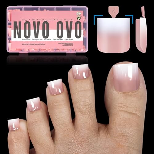 NOVO OVO Ombre French Tip Press on Toe Nail Tips, Sharp Square Pre-Designed Soft Gel False Toenail Extension, BABY PINK Pre-applied Tip Primer & Base Coat, Full Cover Acrylic DIY x 15 Sizes 240 pcs - color: Sharp Square Ombre Baby Pink