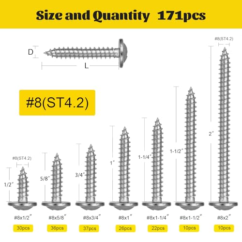 171PCS #8 Self Tapping Screws Assortment Kit, #8 x 1/2",5/8",3/4",1",1-1/4",1-1/2'' Phillips Modified Truss Head Wood Screws, 410 Stainless Steel Sheet Metal Screws for Metal,Plastic,Wood - size: 171pcs #8 Silver