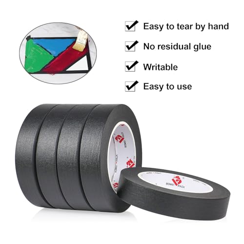 BOMEI PACK Black Painters Tape 1 Inch Bulk - Paint Tape 5 Rolls x 1 Inch x 55 Yards - Black Masking Tape for Walls Painting, DIY Crafting, and School Projects, Total 275 Yards - color: Black
